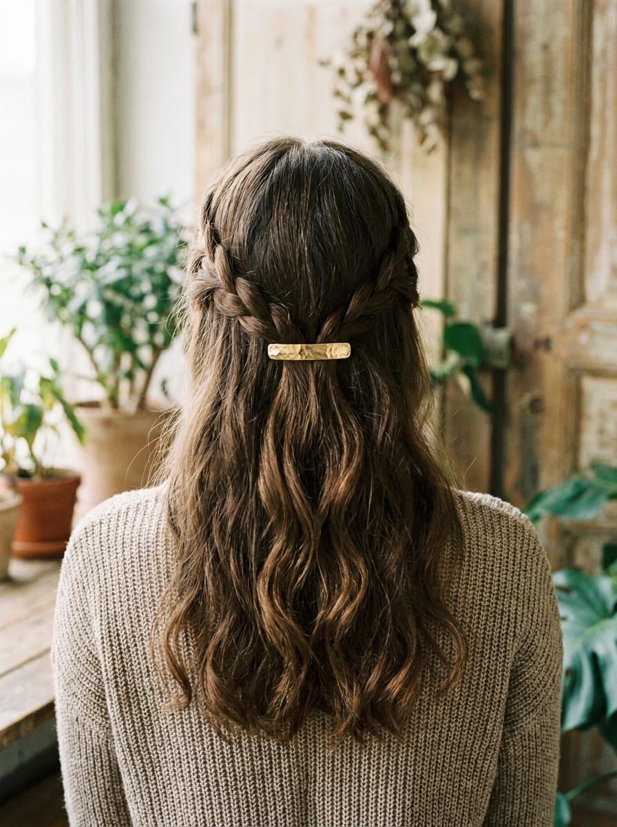 Halboffene Flechtfrisur mit Haarspange - Halboffene Flechtfrisur